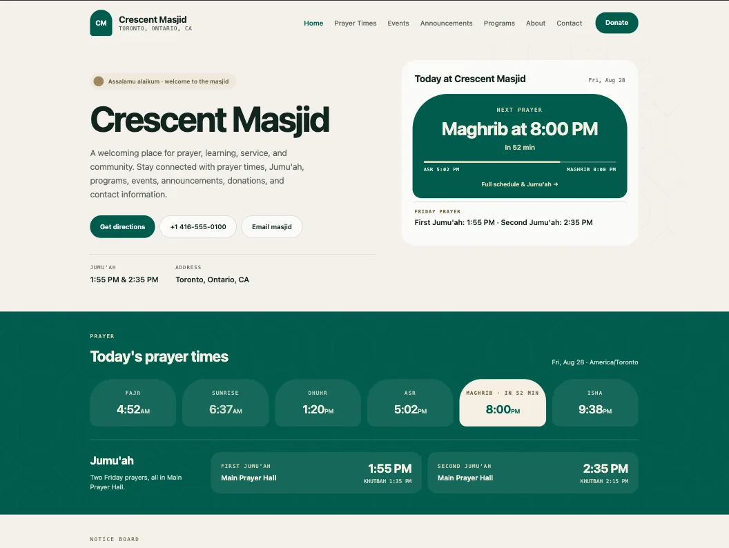 Crescent Masjid public website homepage showing today's prayer schedule